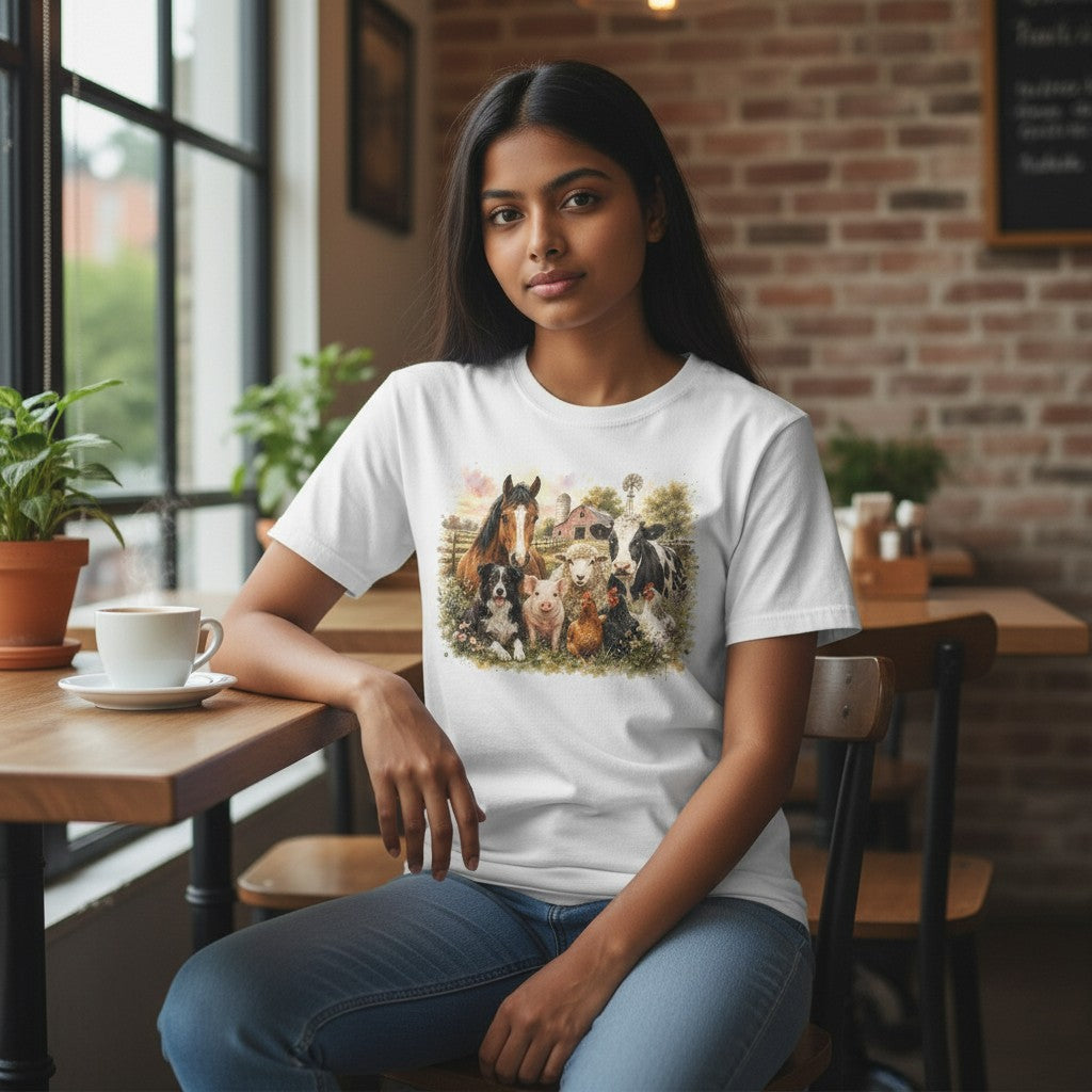 A woman sitting in a cozy cafe setting wearing a white crewneck t-shirt with a colorful graphic print of various farm animals. The background features a brick wall, wooden tables, and potted plants.