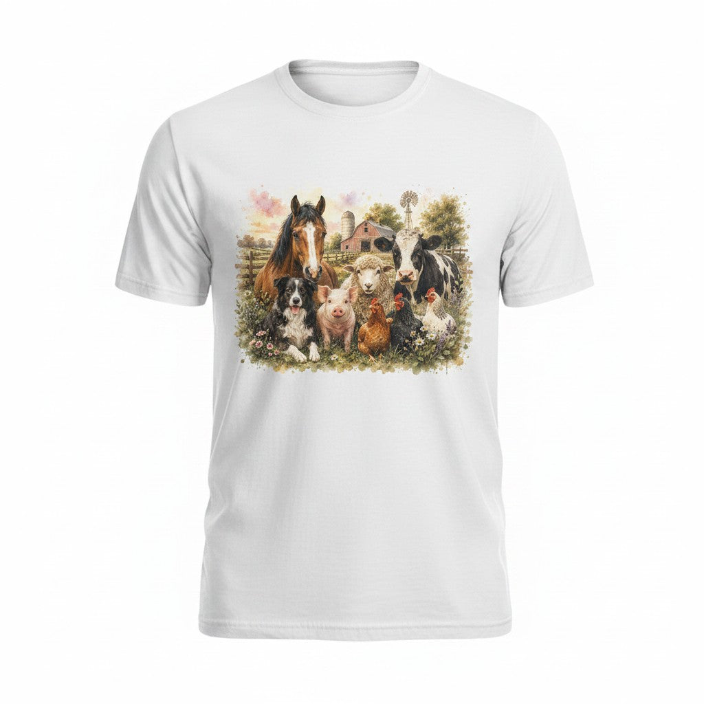 A white short-sleeve crewneck t-shirt featuring a colorful graphic print of various farm animals, including a horse, cow, sheep, and dogs, gathered in a field.