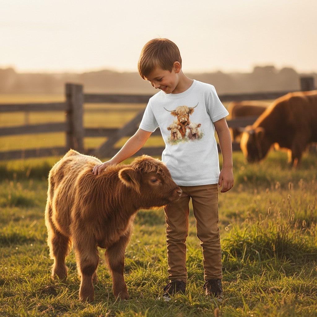 Child petting a calf in a field with a cow in the background