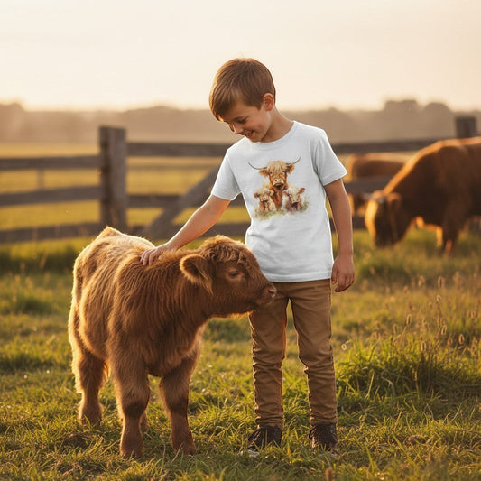 Child petting a calf in a field with a cow in the background