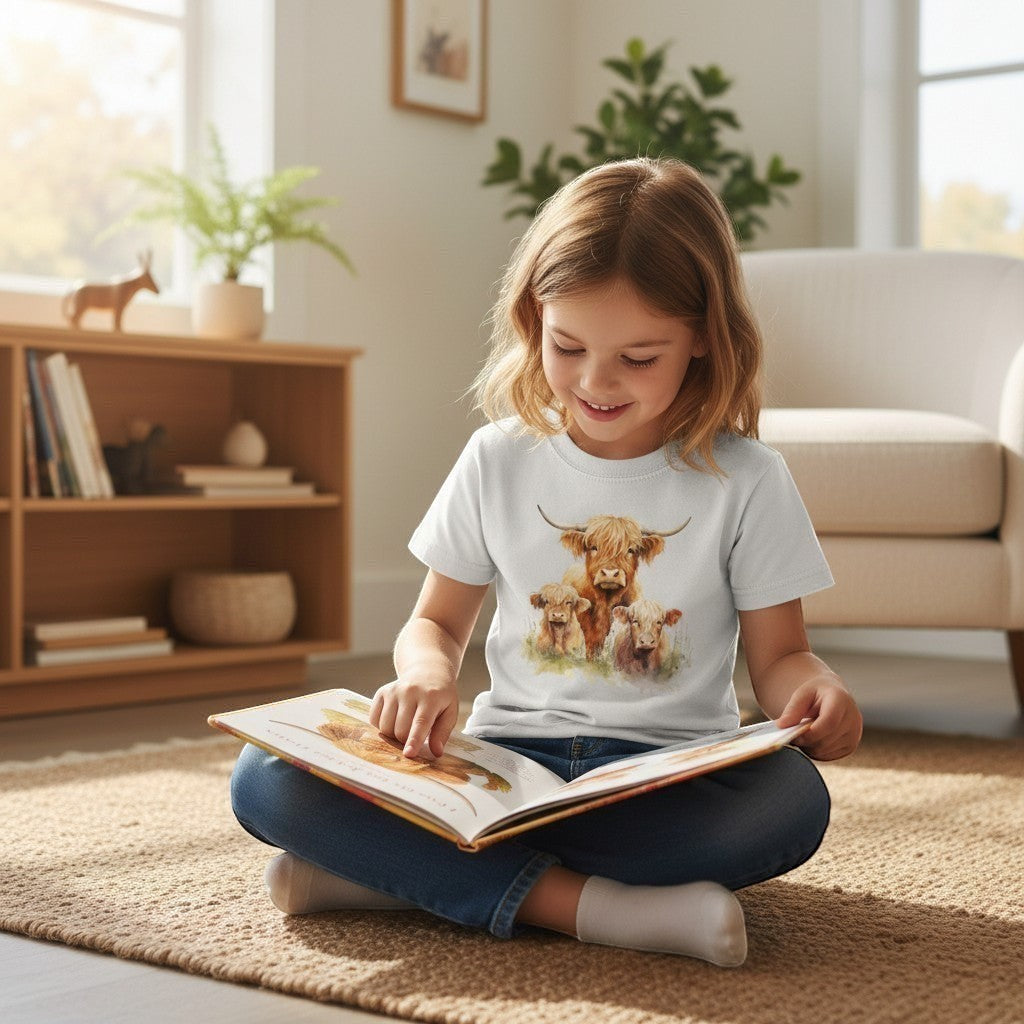 Child reading a book in a cozy living room wearing a t-shirt with a cow and calf design.