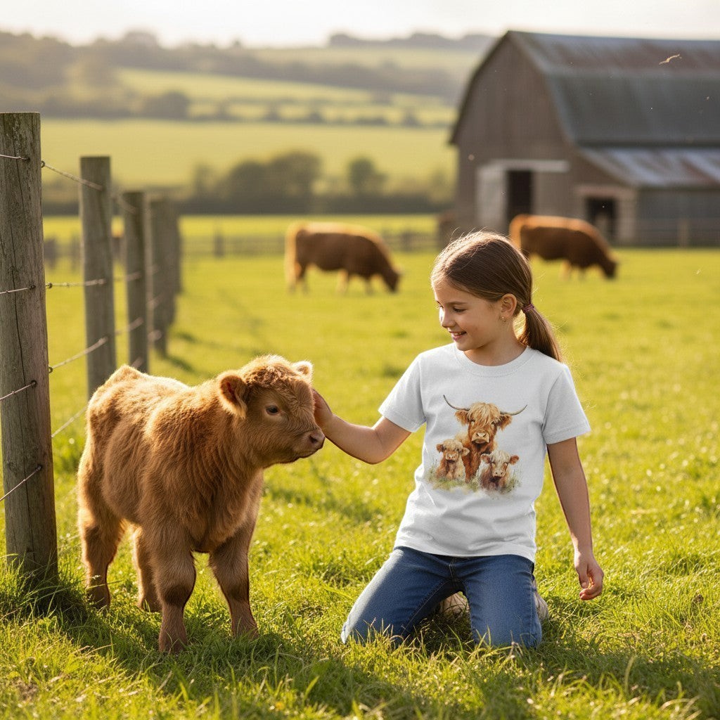 Girl petting a calf in a field with cows and a barn in the background