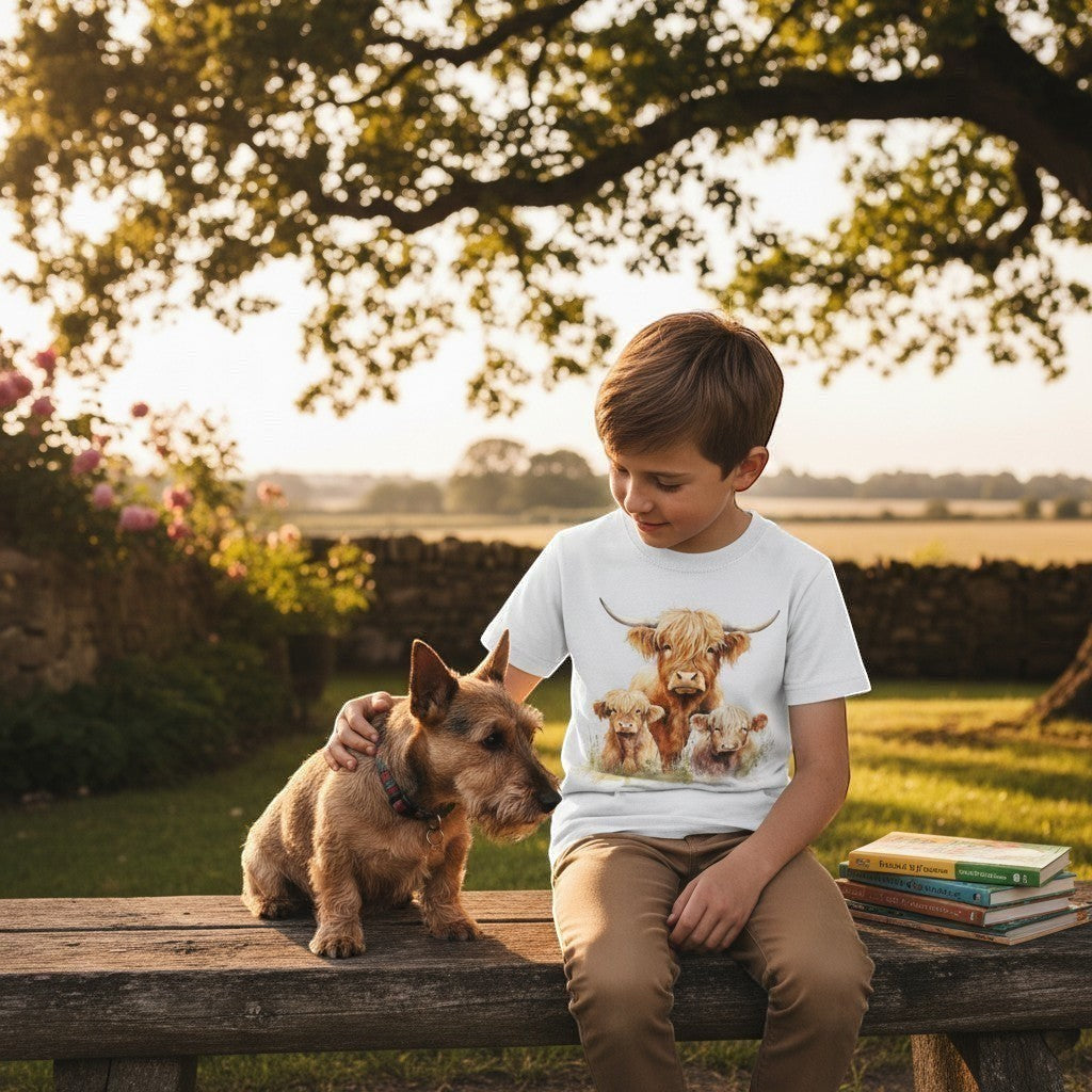 Child sitting on a bench with a dog, wearing a t-shirt with cow design, in a garden setting.