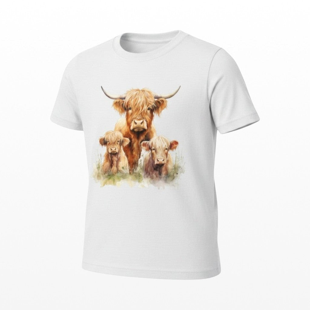 White t-shirt with a design of two Highland cows on a white background