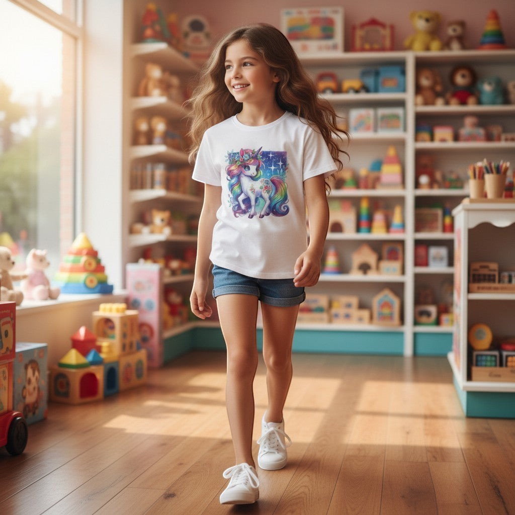 Young girl in a colorful toy shop wearing a rainbow unicorn tee