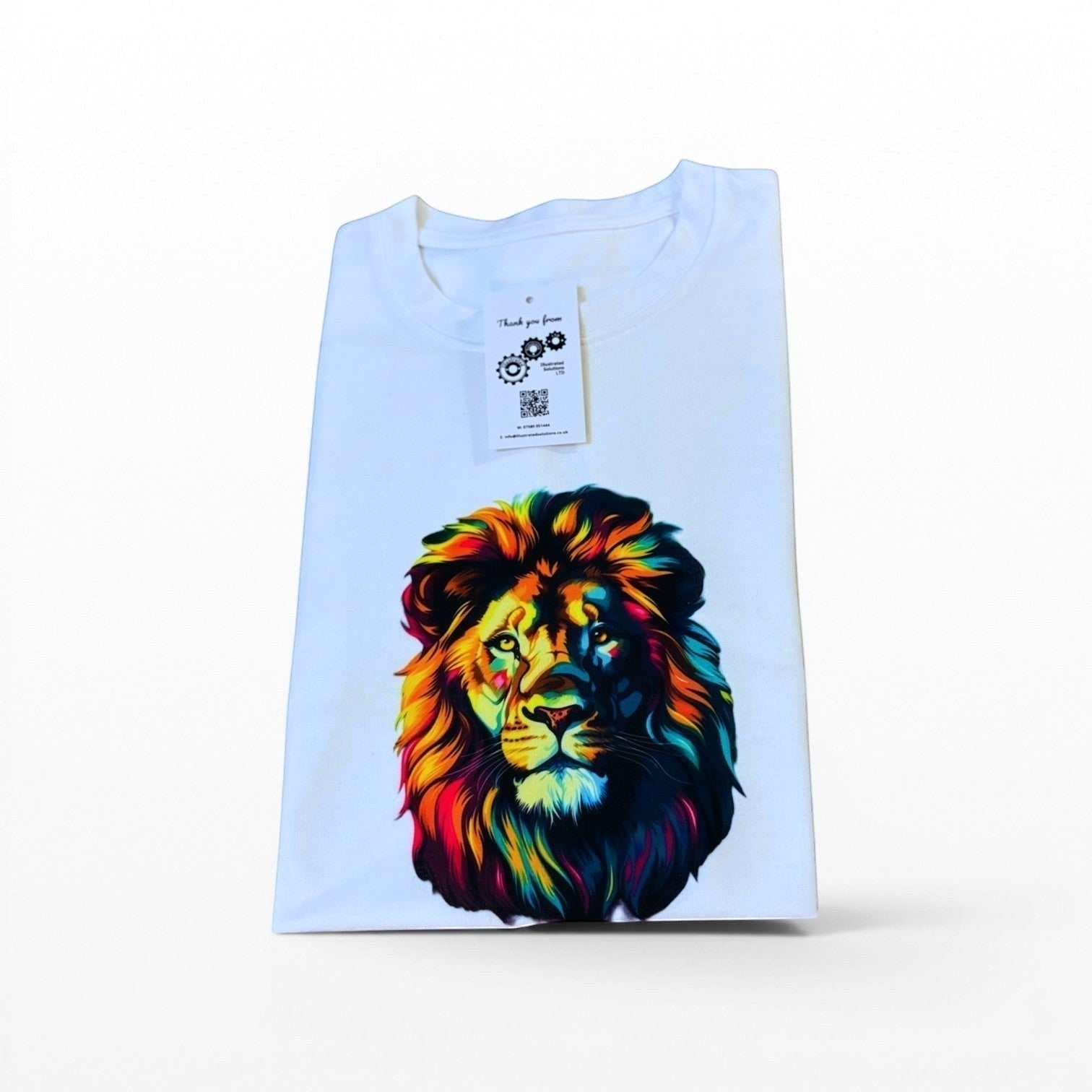White folded unisex polyester t-shirt with a vibrant, colourful watercolour lion graphic print.
