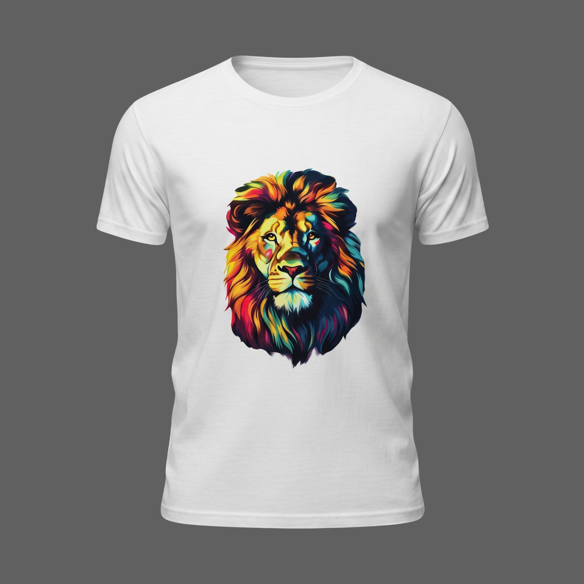 White unisex t-shirt featuring a vibrant, multicoloured watercolour lion graphic print, on a grey background