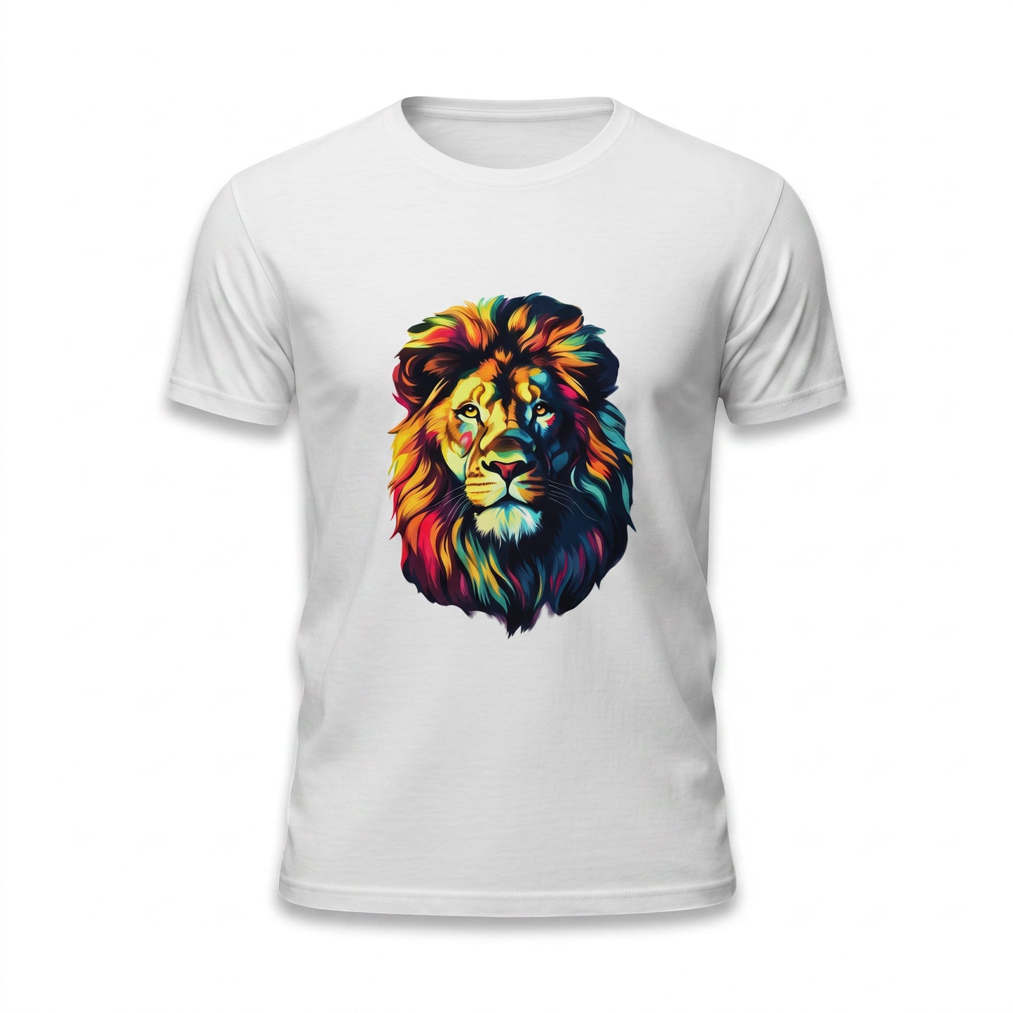 White unisex t-shirt featuring a vibrant watercolour lion graphic print.