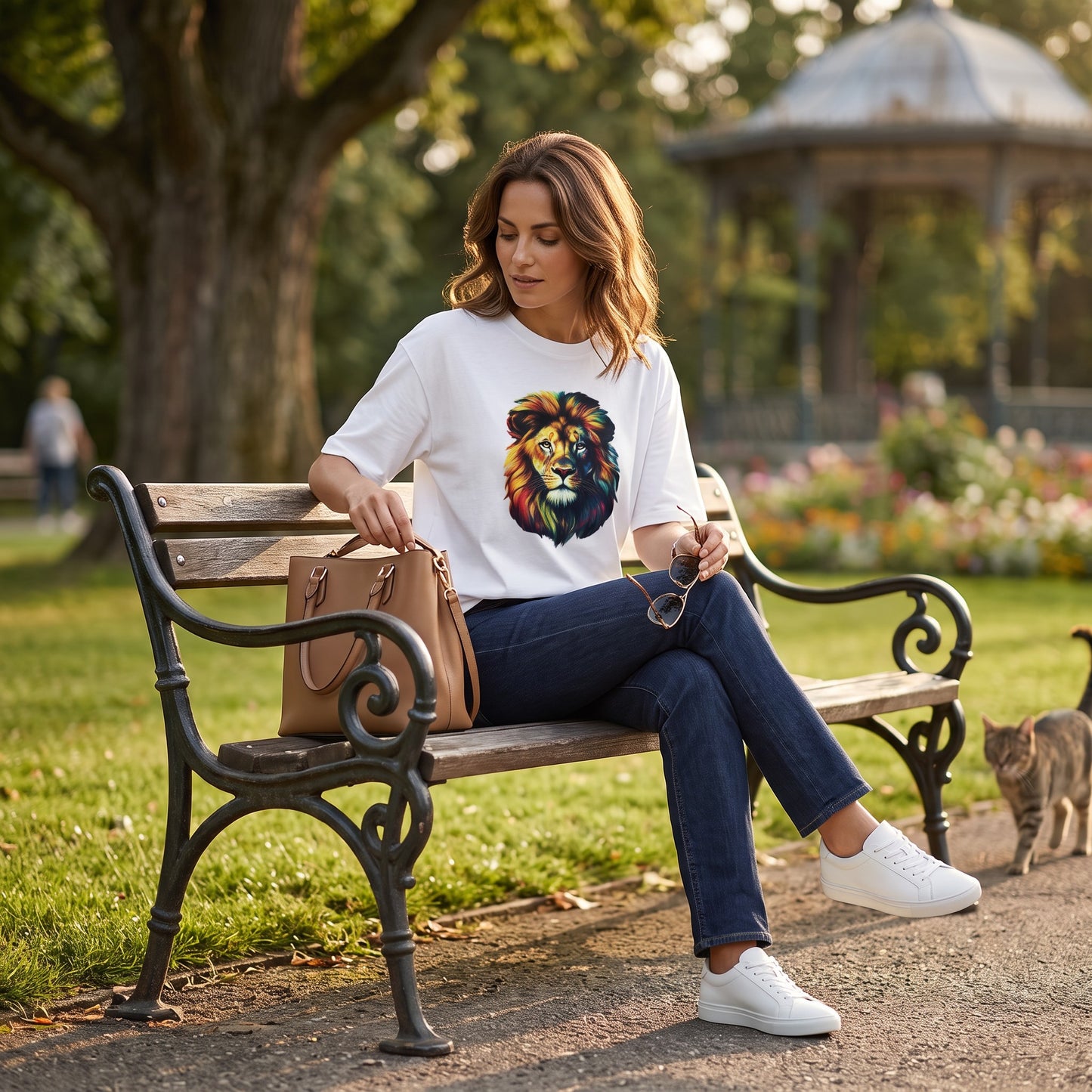 A woman sits on a park bench wearing a white graphic T-shirt with a colorful lion print, dark blue jeans, and white sneakers. She has a tan handbag beside her and sunglasses in her lap, with trees, flowers, and a gazebo in the background.