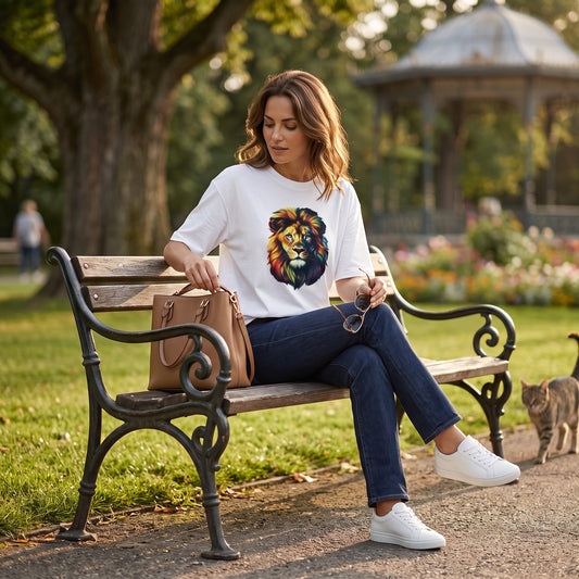 A woman sits on a park bench wearing a white graphic T-shirt with a colorful lion print, dark blue jeans, and white sneakers. She has a tan handbag beside her and sunglasses in her lap, with trees, flowers, and a gazebo in the background.