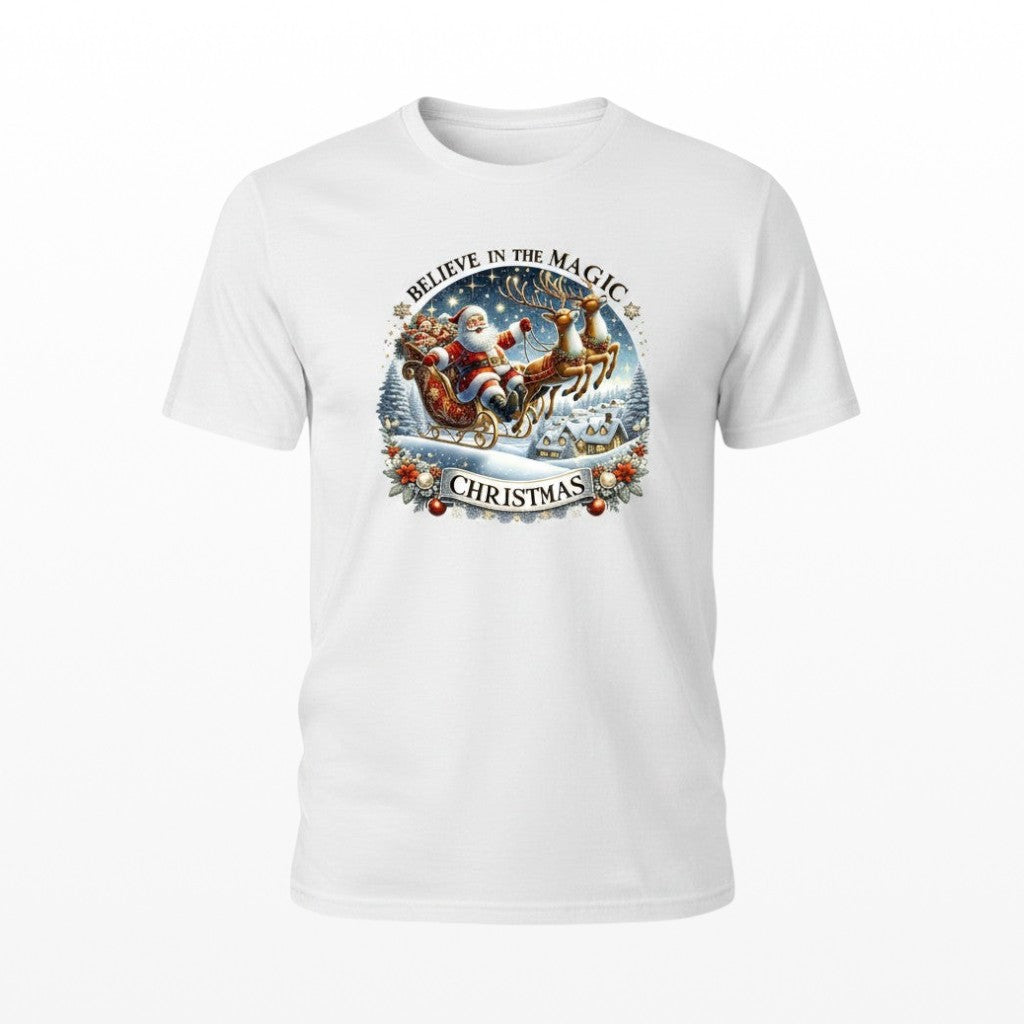 White Christmas T-shirt with vintage Santa sleigh and reindeer snowy winter scene graphic