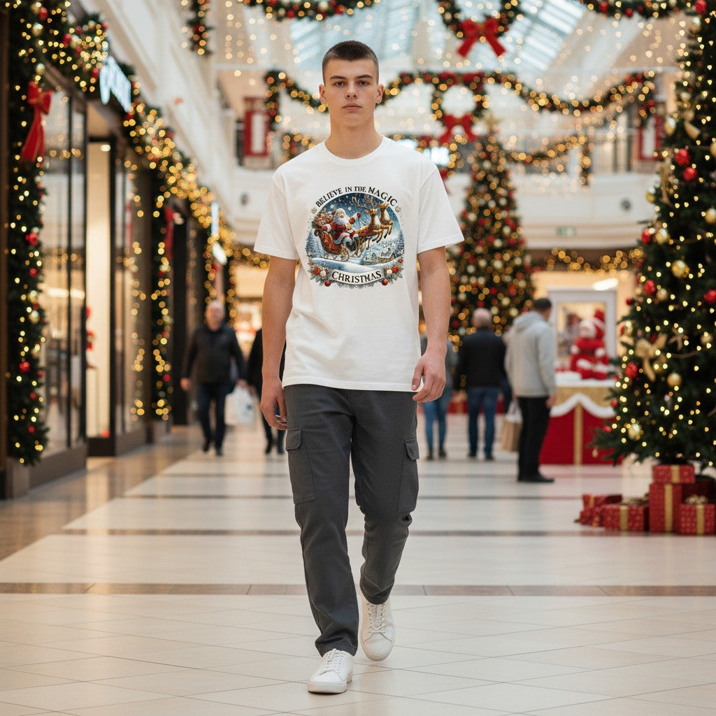 A young man walking down a decorated Christmas-themed shopping mall wearing a white graphic t-shirt, dark gray cargo pants, and white sneakers.