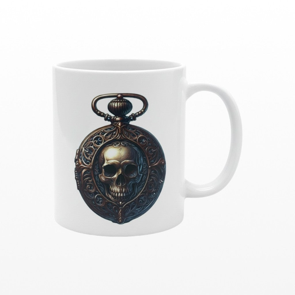 white mug with skull on pocket watch