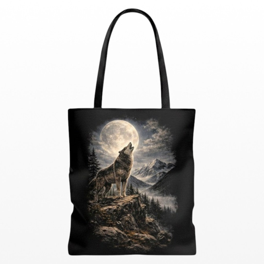 Tote bag with a wolf howling at the moon design on a black background