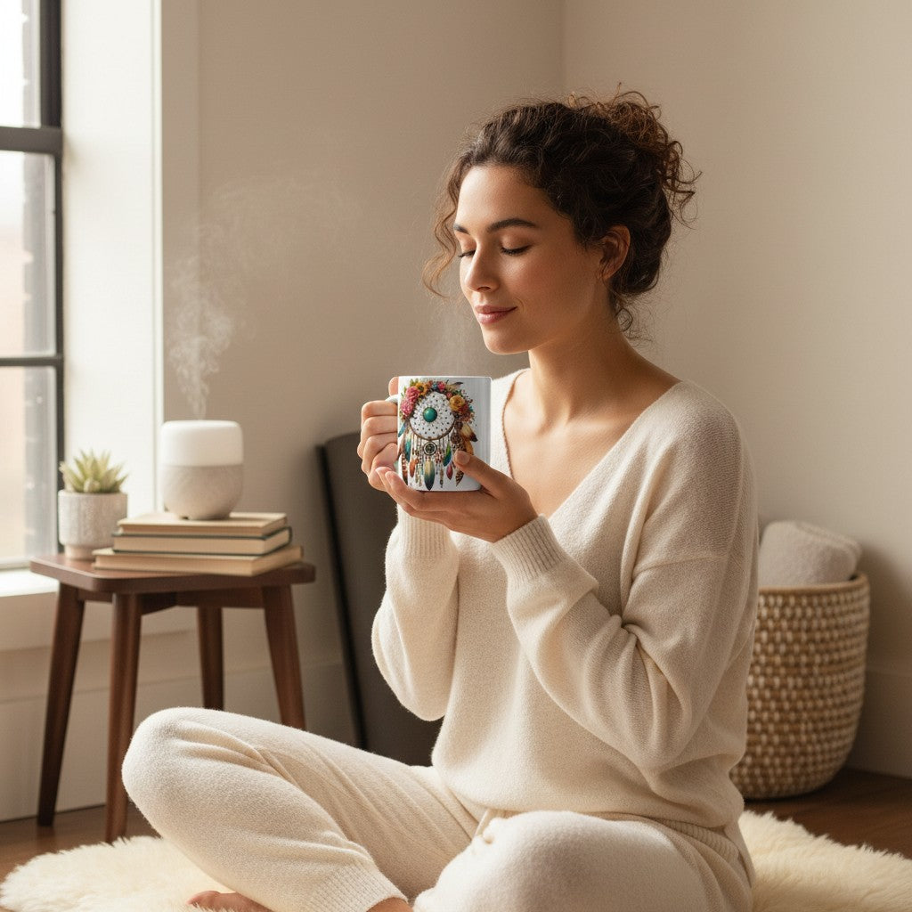 Women relaxing drinking from the Roses Dreamcatcher mug