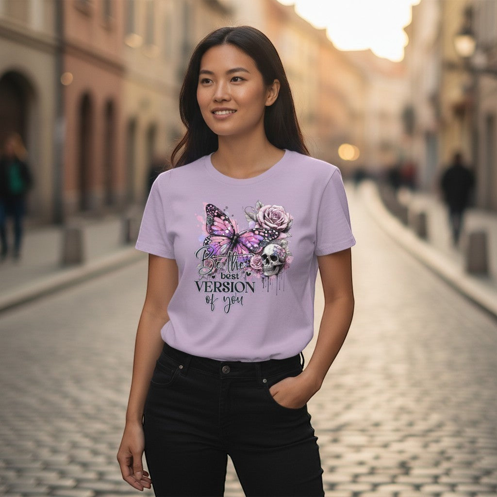 Woman wearing a lilac gothic t-shirt with a colorful butterfly design on a street.