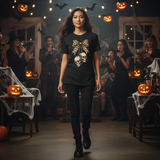 A woman walks down a room in a Halloween-themed venue, wearing a black graphic t-shirt with a skull and bow design, black pants, and black boots. The background features people, jack-o'-lanterns, and cobwebs.