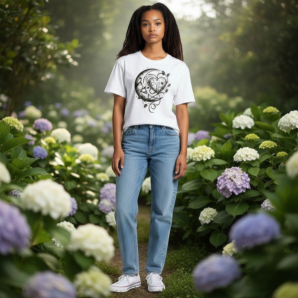 Woman standing in a garden of flowers wearing a white t-shirt with a black design and blue jeans.