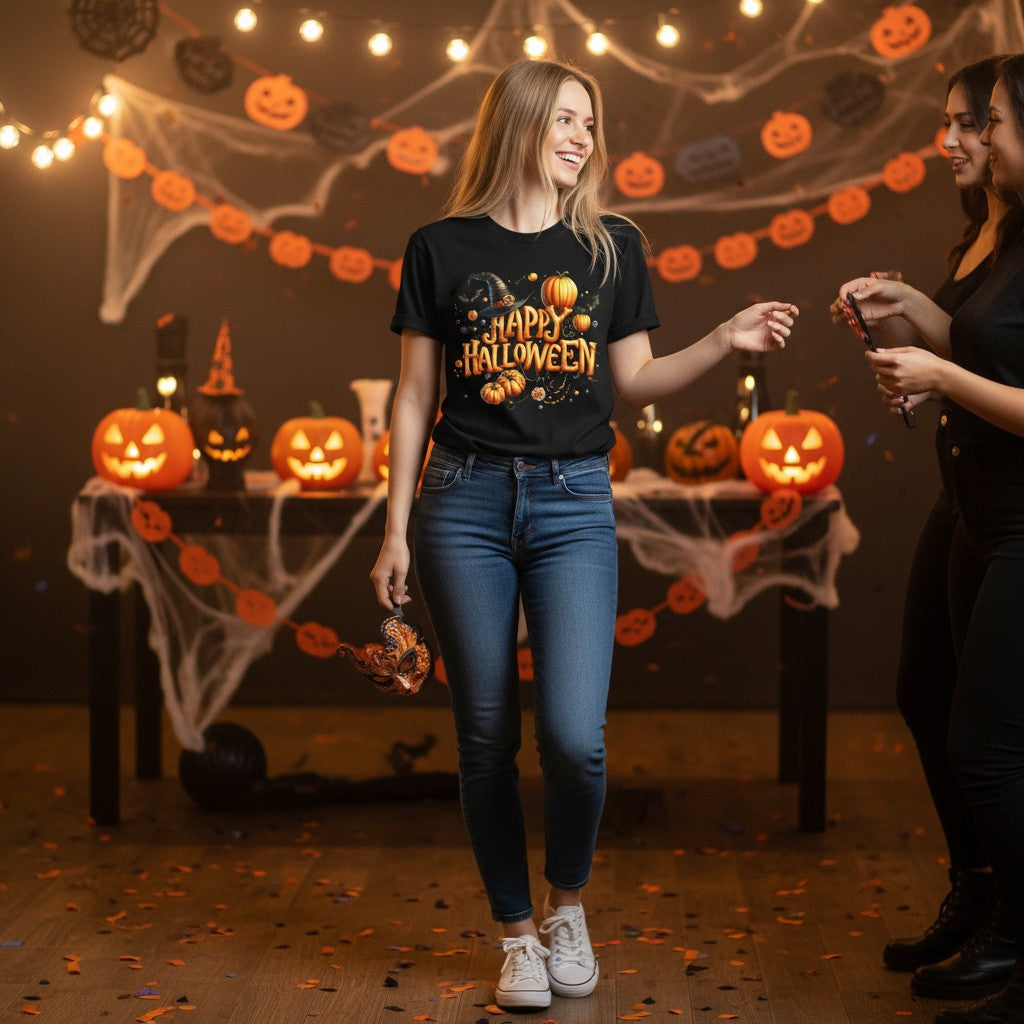 A woman wearing a black graphic t-shirt with a 'Happy Halloween' print stands in a decorated Halloween party setting with jack-o'-lanterns, cobwebs, and string lights.