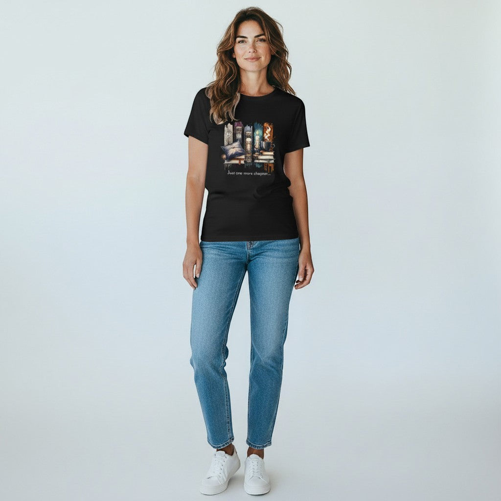 Woman wearing a black t-shirt with a graphic design and blue jeans on a white background, a perfect book lover gift.