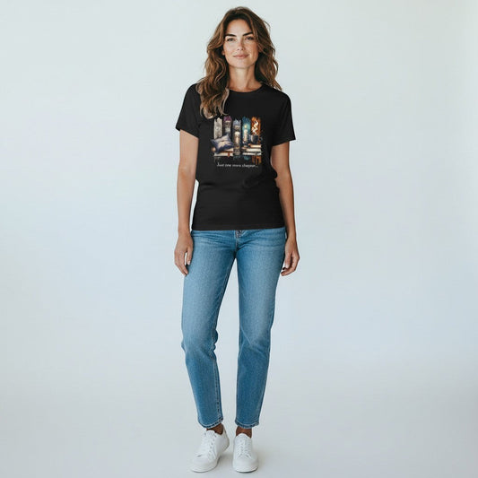 Woman wearing a black t-shirt with a graphic design and blue jeans on a white background, a perfect book lover gift.