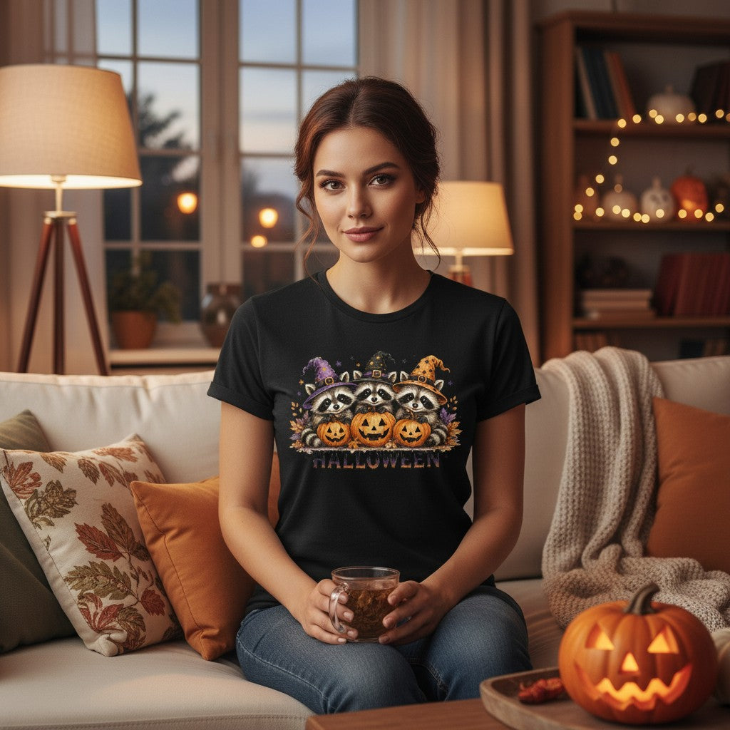Women in a front room Drinking tea wearing black tee with 3 raccoons and 3 pumpkins on it.
