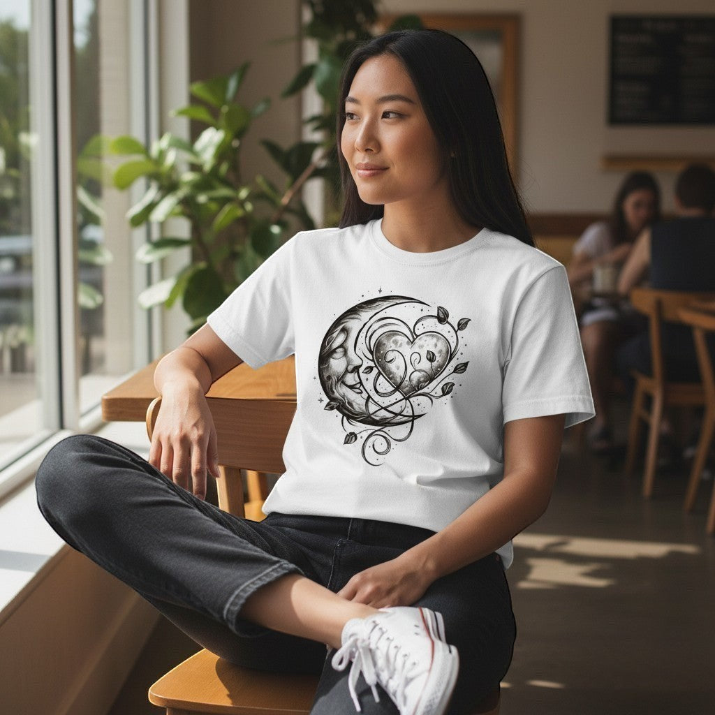 Woman wearing a white t-shirt with a black design, sitting in a casual setting.