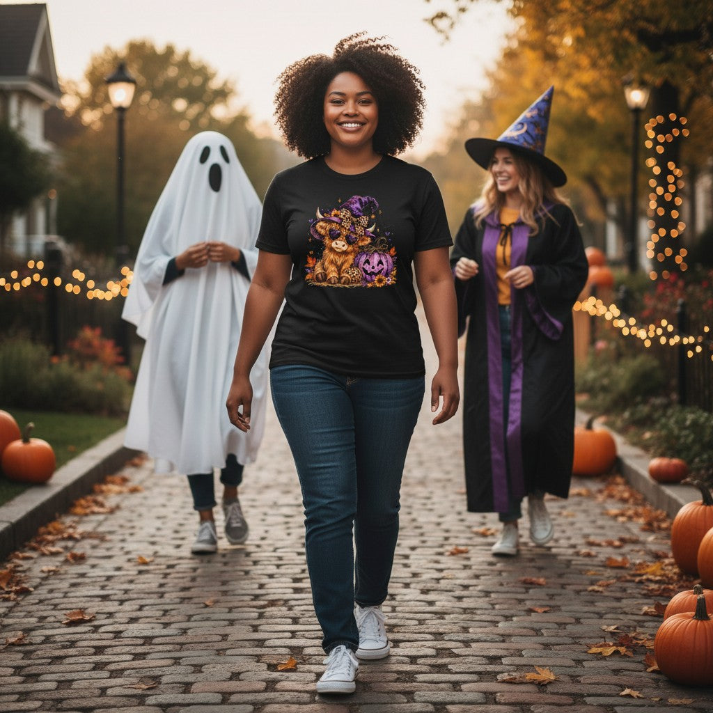 Woman on a street wearing a halloween tee with a highland cow witch and purple pumpkin