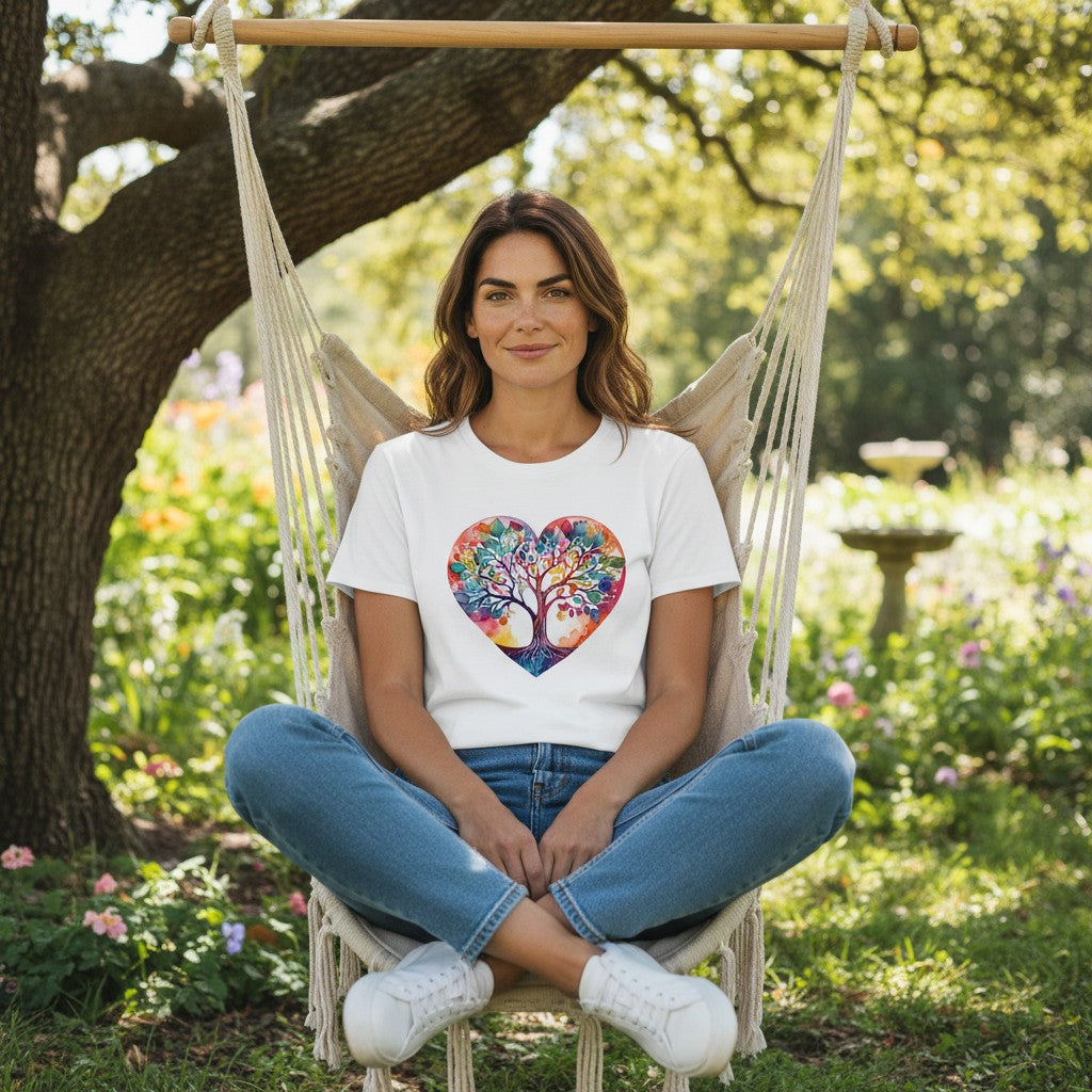 Woman sitting in a hammock wearing a white t-shirt with a colorful heart design, surrounded by nature.