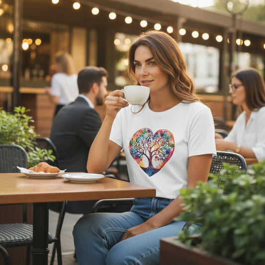 Woman sitting at an outdoor cafe holding a cup of coffee