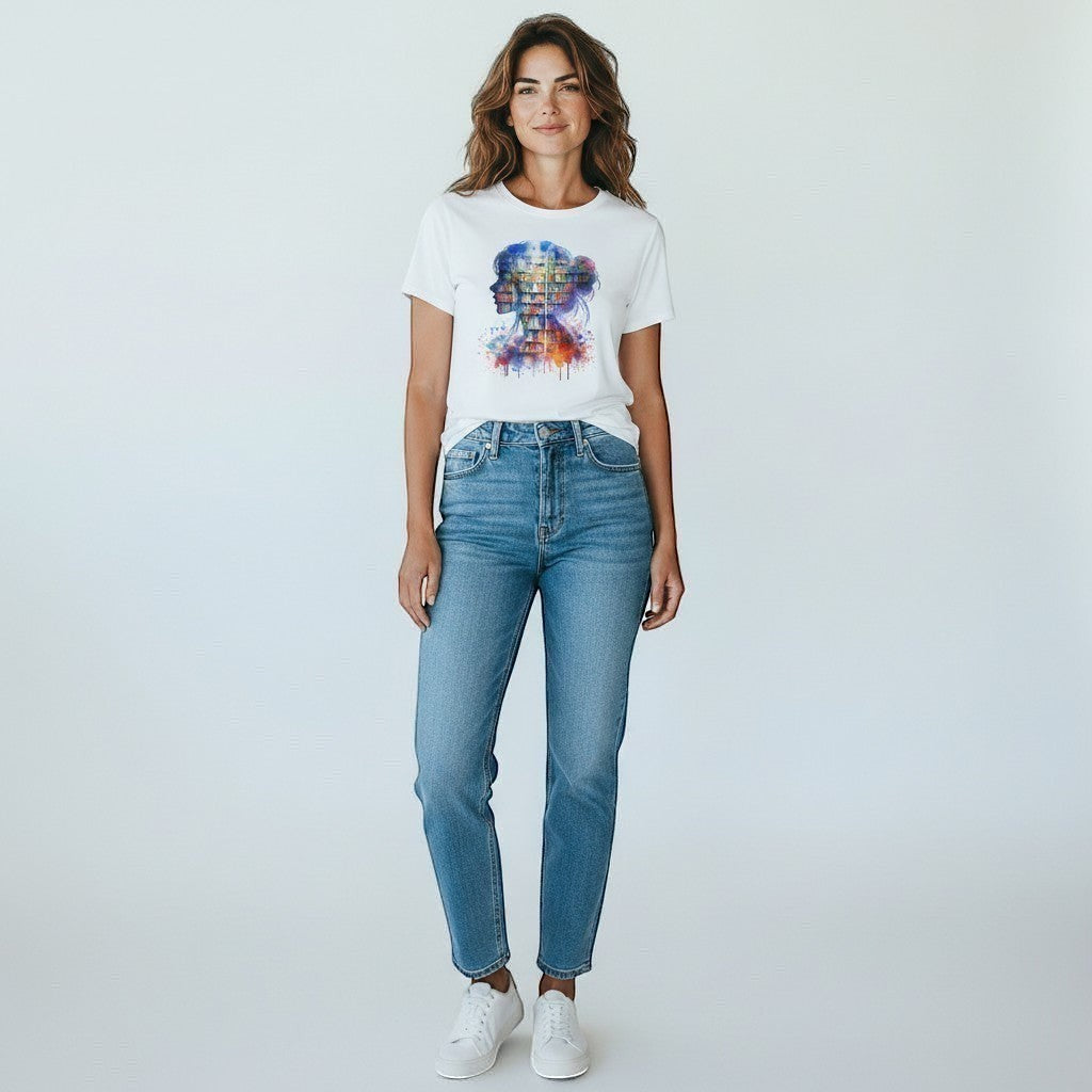 Woman wearing a white t-shirt with a colorful design and blue jeans on a white background. Perfect addition to book merchandise. 