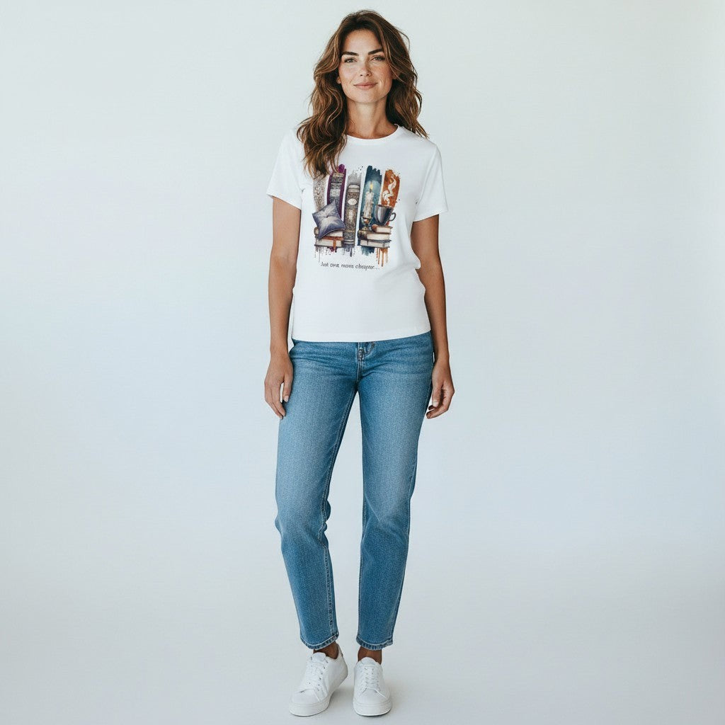 Woman wearing a white t-shirt with a graphic design and blue jeans on a plain background. A perfect book lover gift.