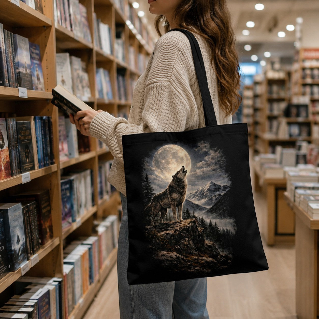 Person holding a tote bag with a wolf design in a bookstore